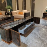 Elegant TV Stand with Natural Wood Veneer, Marble Top, Stainless Steel Frame and Concealed Storage Compartments
